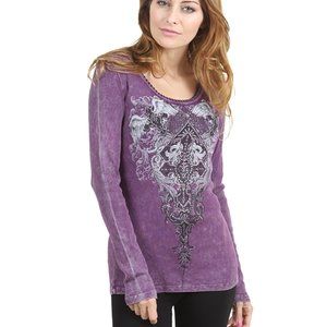 Womens Long Sleeve Purple Top w/ Cross Wings & Bling Black Neckline Stitching